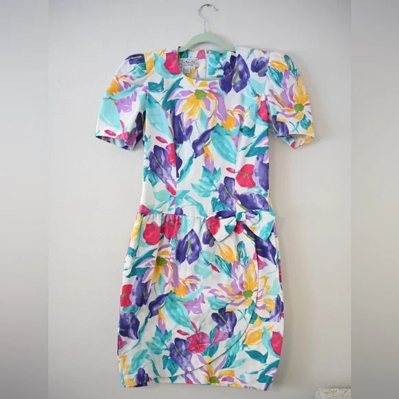 Vtg 80s Women's Talbots Dress Joan Leslie Bold Floral with Shoulder Pads Size 8 - Picture 1 of 10